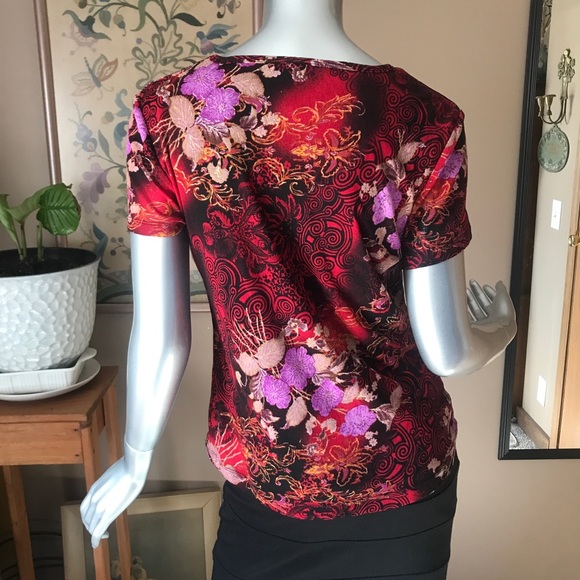 90’s Y2k Floral Black Red Mesh Blouse Graphic Shirt Short Sleeve Top Medium - Picture 7 of 13